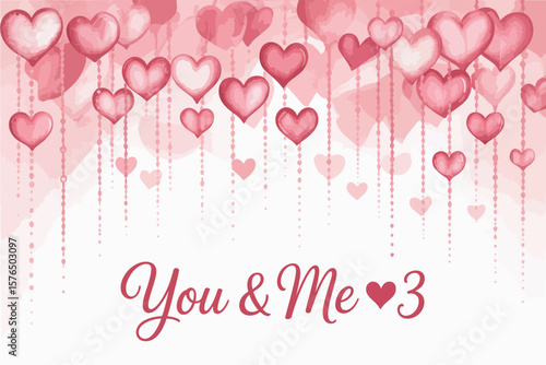 Watercolor hearts and pink background evoke love for Valentine's Day, perfect for romantic cards and designs.