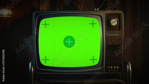 Old analog television displaying green screen chroma key with tracking markers