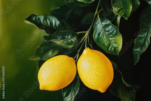 Lemons Hanging From Green Leaves in a Garden Showcasing Vibrant Colors and Na...