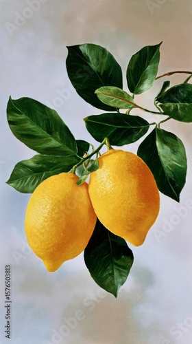 Vibrant Lemons Hanging From a Green Branch in Soft Natural Light