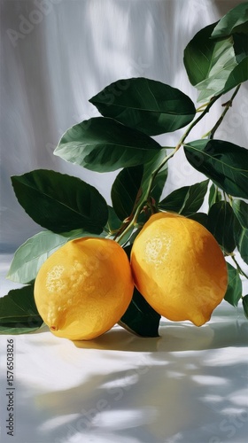 Vibrant Lemons Hanging From a Green Branch in Soft Natural Light
