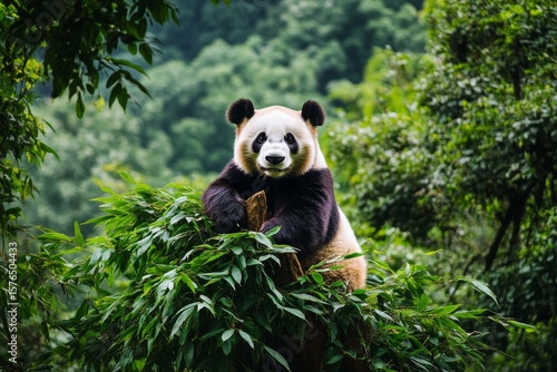 Panda Perched on a Tree Branch in a Lush Green Forest During Daylight
