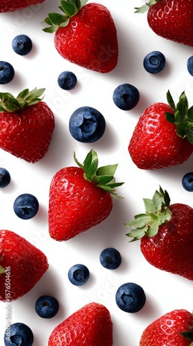 Fresh Strawberries and Blueberries Arranged on a White Background for a Color...