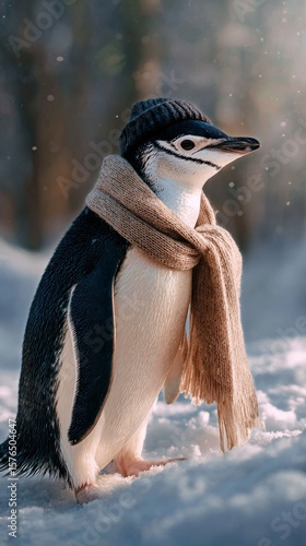 Cute Penguin Wearing Scarf and Hat in Snowy Forest During Winter