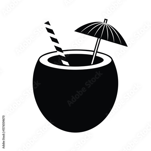 Coconut drink with straw and umbrella silhouette vector illustration