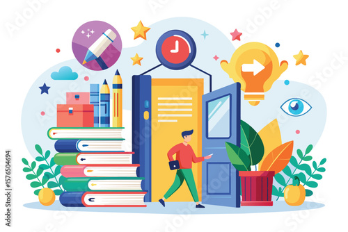 Illustration depicting a creative learning environment with books, stationery, and symbolic elements. A person enters a world of knowledge and ideas represented by vibrant icons and colors.