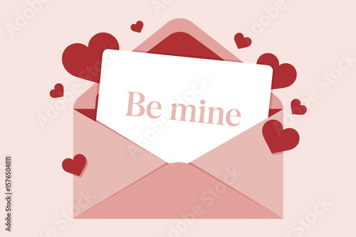 An open pink envelope with a love letter and red hearts conveys romance and affection for Valentine's day celebration.