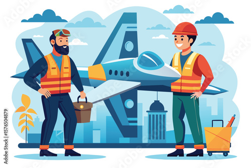 Cartoon image depicting two smiling aircraft engineers in safety gear, standing at an airport with a jet in the background. Illustration emphasizes teamwork, aviation, and engineering
