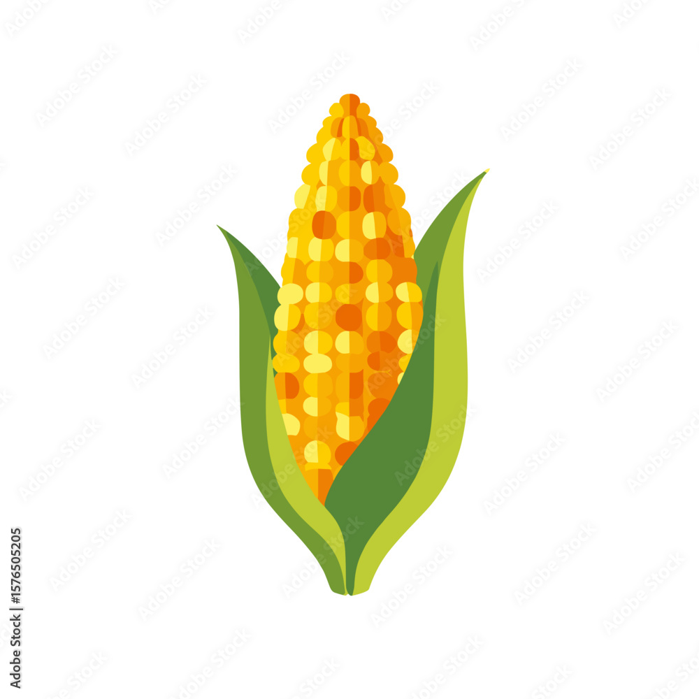 Obraz premium Yellow corn on the cob with green leaves in flat design style 