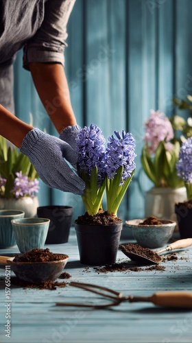 Gardener Potting Blue Hyacinth Flowers in a Cozy Indoor Setting During Spring...