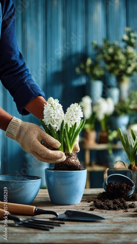 Gardener Pots Blue Hyacinth Flowers in Cozy Indoor Setting During Sunny After...