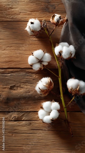 Cotton Branch on Rustic Wooden Background in Natural Light During Daytime