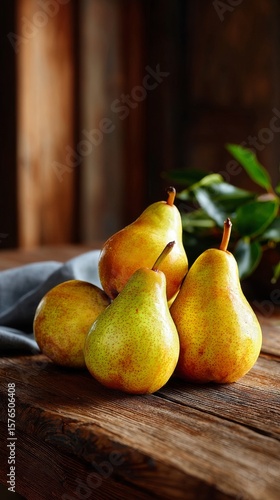 Fresh Pears Arranged on Rustic Wooden Table With Soft Fabric and Greenery in ...