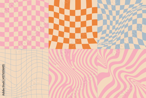 Groovy abstract pattern features retro wavy grids and checkered backgrounds in trendy pastel colors for a fun design.