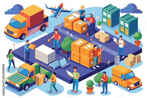 Vibrant illustration depicting diverse workers managing logistics in a supply chain environment with trucks, packages, and warehouse buildings.