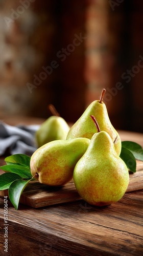 Fresh Pears Arranged on Rustic Wooden Table With Soft Fabric and Greenery in ...