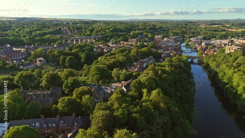 Aerial Sunset View Over Durham, UK – Scenic River, Historic Architecture & Lush Greenery
