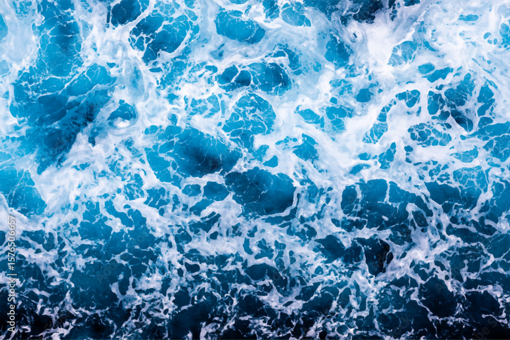 Obraz premium Ocean surface texture. Top view of stunning water with foam. Can be used in covers, packaging, posters, textures, brochures, art and design projects. Classy vector illustration.