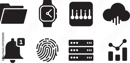 Folder smartwatch sound equalizer cloud notification fingerprint server chart vector