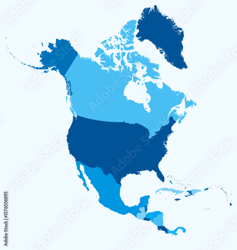 Map of North America with countries. Just a simple continent border map with country division. Light blue color palette. Plain North America shape with administrative division. Vector illustration.