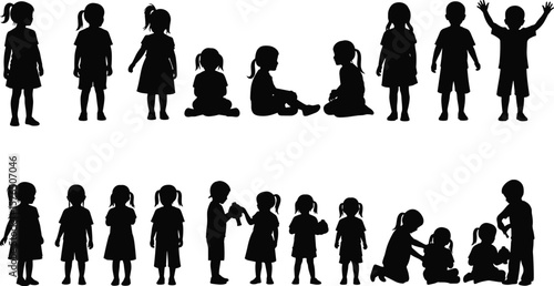 Collection of diverse children silhouettes vector: various poses, playful kids, boys and girls, childhood moments, education concepts, kindergarten graphics, versatile youthful figures.