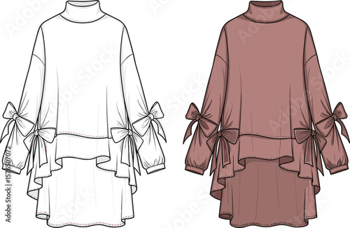 Stylish women's fashion top technical CAD drawing: high-neck tunic with bow details, ruffled hem, long sleeves, front views, modern chic apparel illustration.