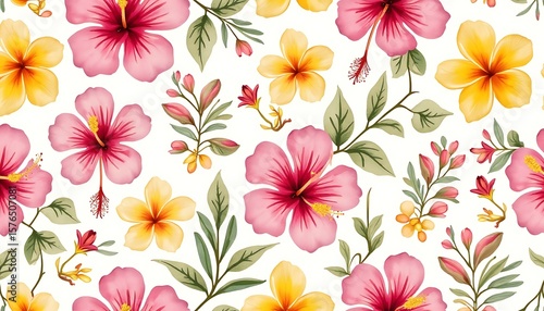 Hibiscus Floral Pattern with Pink and Yellow Flowers and Green Leaves