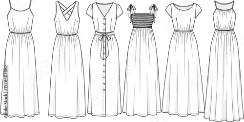 Collection of women's dress fashion flats: diverse summer styles, various necklines, maxi lengths, technical CAD drawings for apparel design, versatile clothing illustrations.