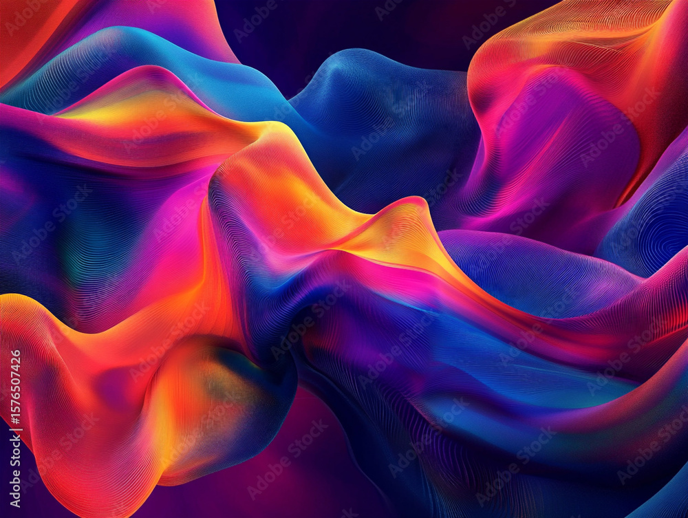 Obraz premium An abstract, flowing fabric-like texture in vibrant neon hues of purple, pink, orange, and blue. The gradient mesh effect creates a dynamic sense of movement and fluidity.