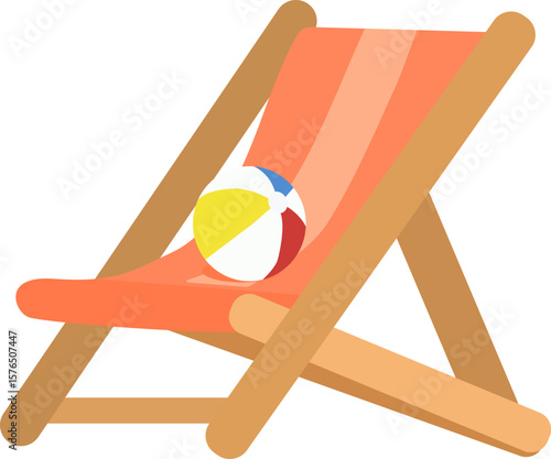 Beach chair with striped fabric and inflatable beach ball. Flat vector illustration isolated on white background. Summer vacation and travel concept for design Adobe Illustrator Artwork