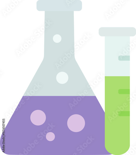 Two laboratory glass flasks with purple and green liquid isolated on white background. Vector illustration EPS10. Chemistry and science experiment concept. Adobe Illustrator Artwork