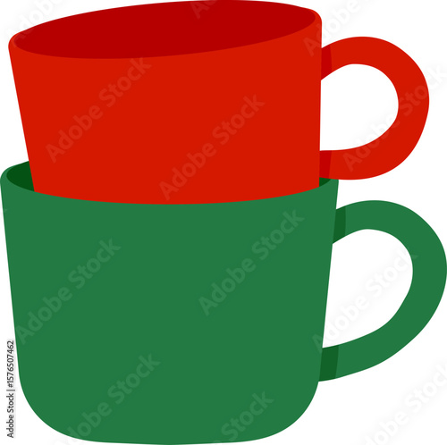 Two stacked coffee cups, one red and one green, isolated on white background. Vector illustration EPS10. Minimal flat design for kitchenware, beverage, and cafe concept. Adobe Illustrator Artwork