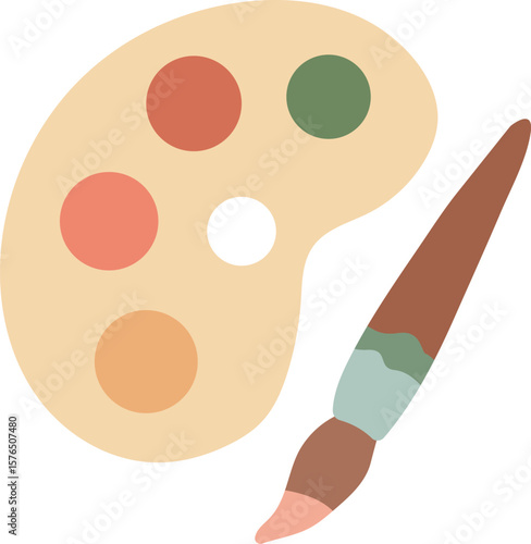 Artist paint palette with colorful paint spots and paintbrush. Flat vector illustration isolated on white background. Art and creativity concept for design and print. Adobe Illustrator Artwork