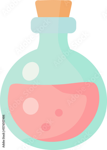 Glass potion bottle with cork stopper filled with pink liquid. Flat vector illustration isolated on white background. Magic elixir or chemistry experiment Adobe Illustrator Artwork