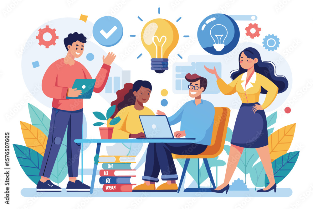 Fototapeta premium Illustration of a diverse creative team brainstorming new ideas in an office setting. The concept represents teamwork, innovation, and collaborative thinking in a modern workplace environment.