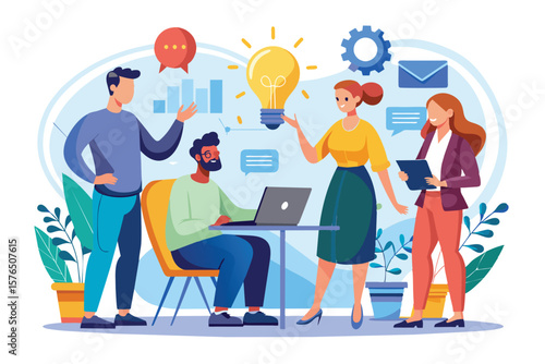 Illustration of a diverse team discussing and generating innovative ideas with a laptop, charts, and light bulb concepts. Ideal for themes of teamwork, creativity, and business communication.