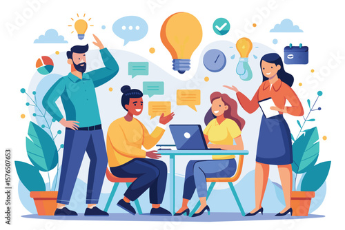 Illustration of a diverse team engaged in a productive office meeting. They share ideas, collaborate, and brainstorm innovative solutions together.