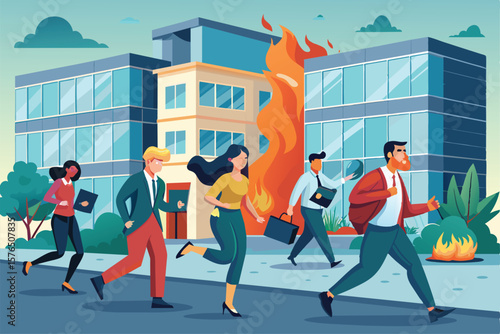Illustration of business professionals evacuating a building during an emergency with flames in the background. Depicts urgency, teamwork, and safety in a crisis situation.