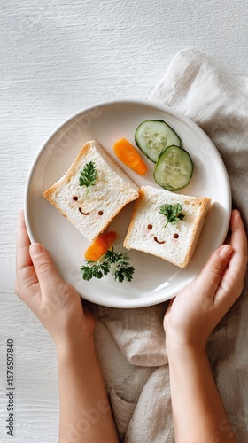 Creative Breakfast Plate With Smiling Toast Faces and Fresh Vegetables for a ...