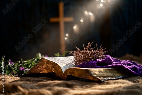 Symbolic Elements of Faith With a Cross and Crown Against a Soft Background i...