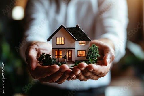 Man Holding Miniature House Model With Warm Lights in Hands