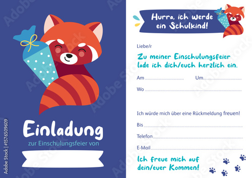 Einladung zur Einschulung mit niedlichem roten Panda