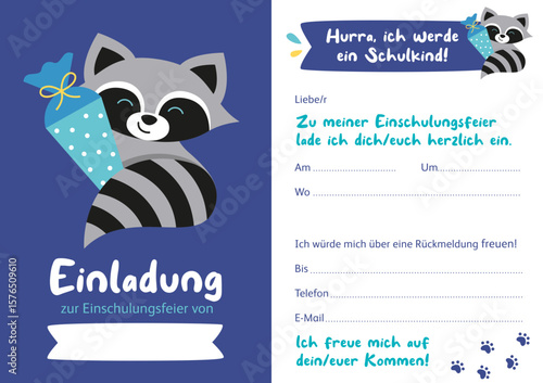 Einladung zur Einschulung mit niedlichem Waschbär	