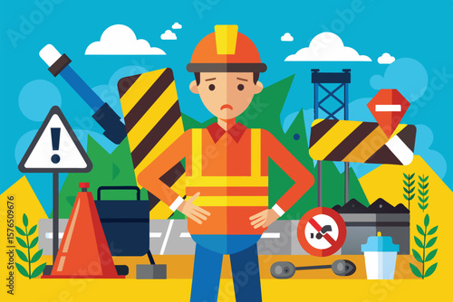 Colorful illustration featuring a sad construction worker standing at a roadwork site. Elements include safety barriers, traffic cones, and warning signs, conveying themes of construction and work.