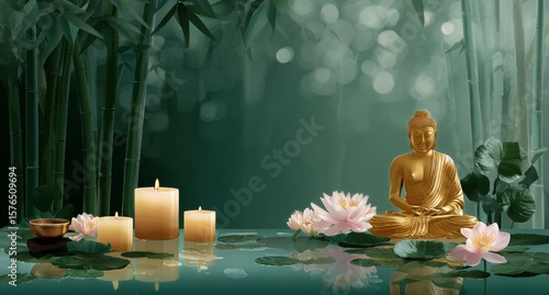 Serene Buddha and Candles Among Bamboo and Lotus in Tranquil Setting