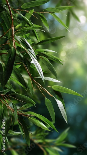Lush Green Bamboo Leaves Reflecting Sunlight in a Serene Outdoor Setting