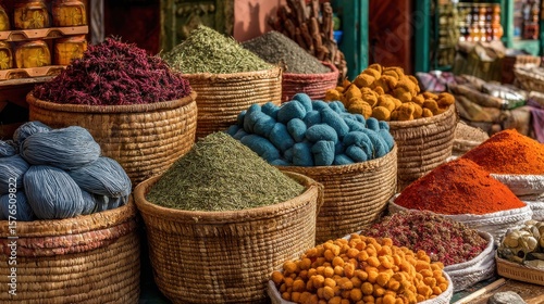 Colorful assortment of spices and dried goods displayed in woven baskets at a market