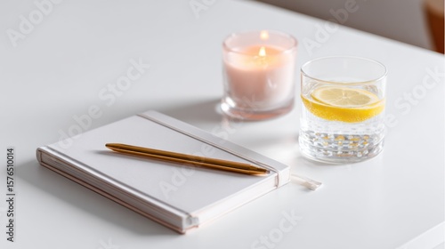 A delicate arrangement of a notebook, pen, candle, and water glass