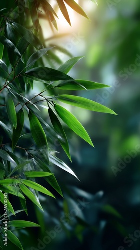 Sunlight Filtering Through Lush Green Bamboo Leaves in a Tranquil Forest Setting