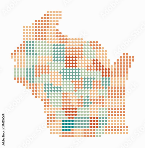Wisconsin dotted map. Digital style map of the state on white background. Wisconsin shape with circle dots. Colored dots style. Large size circles. Modern vector illustration.